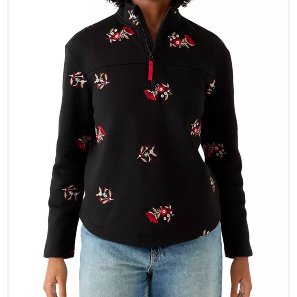 Wonderly Embroidered Floral Fleece Quarter Zip Pullover Womens XL Cozy Fairycore